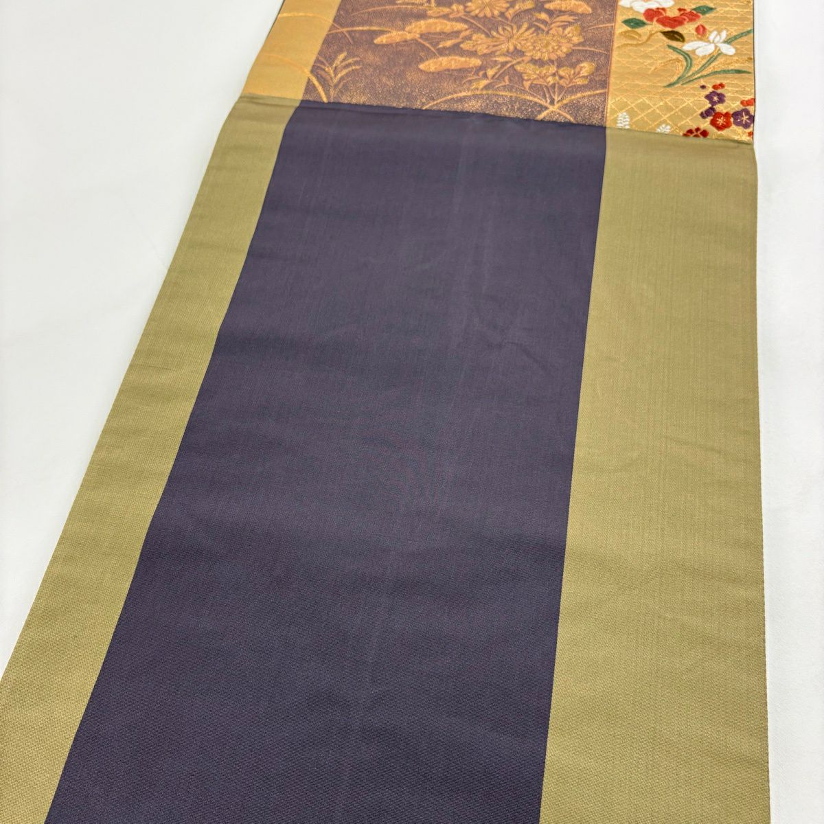 【美品】 袋帶 秀品級 秋草 唐織 金絲 黃土 深色 六通 純蠶絲