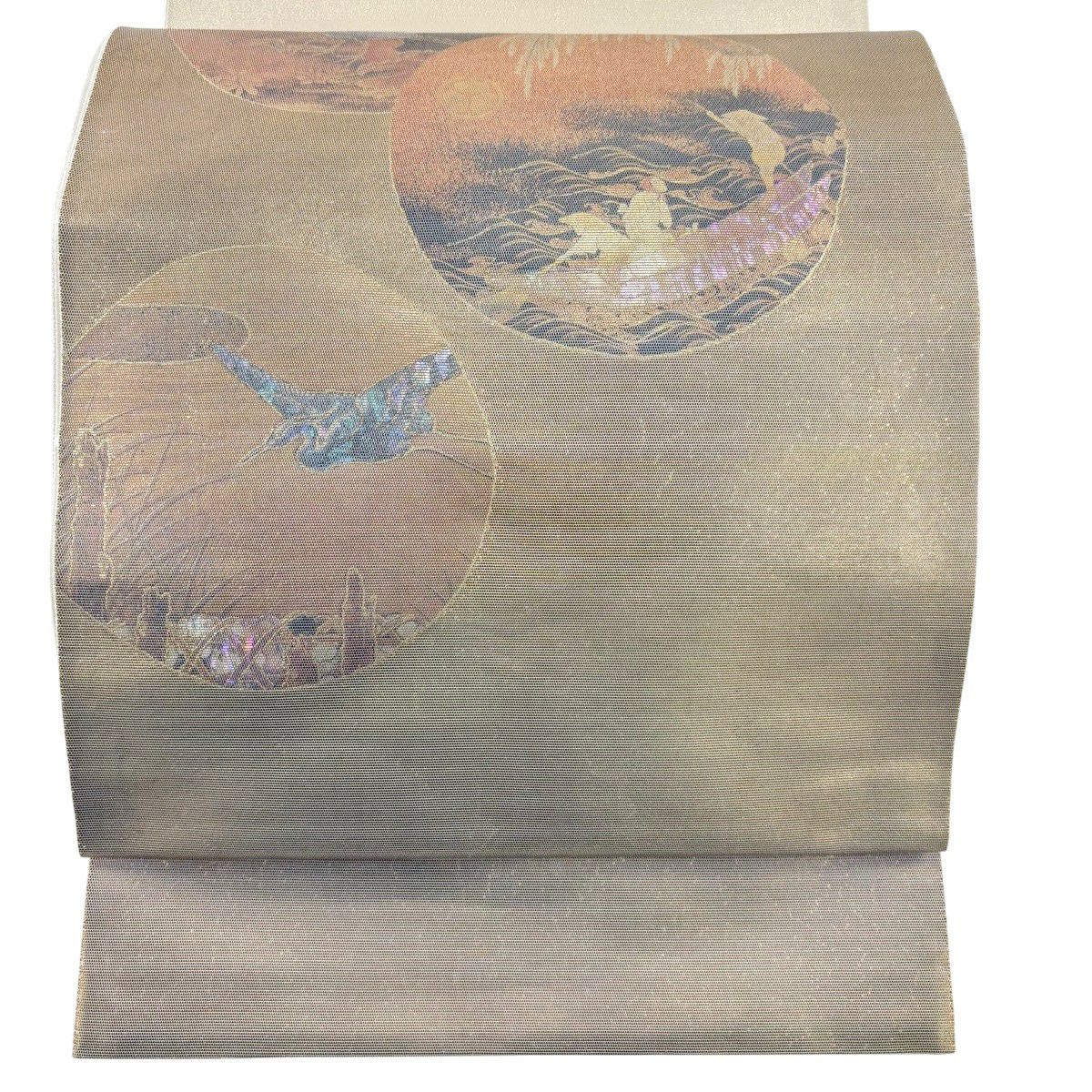 袋帶 秀品級 舟 人物 螺鈿 金金箔 金色 大鼓圖案 純蠶絲