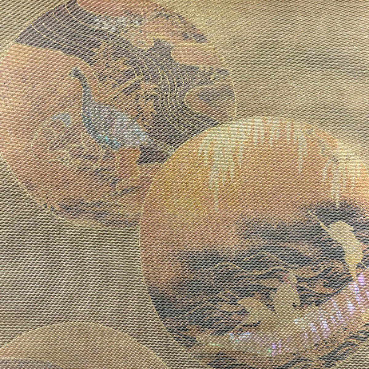 袋帶 秀品級 舟 人物 螺鈿 金金箔 金色 大鼓圖案 純蠶絲