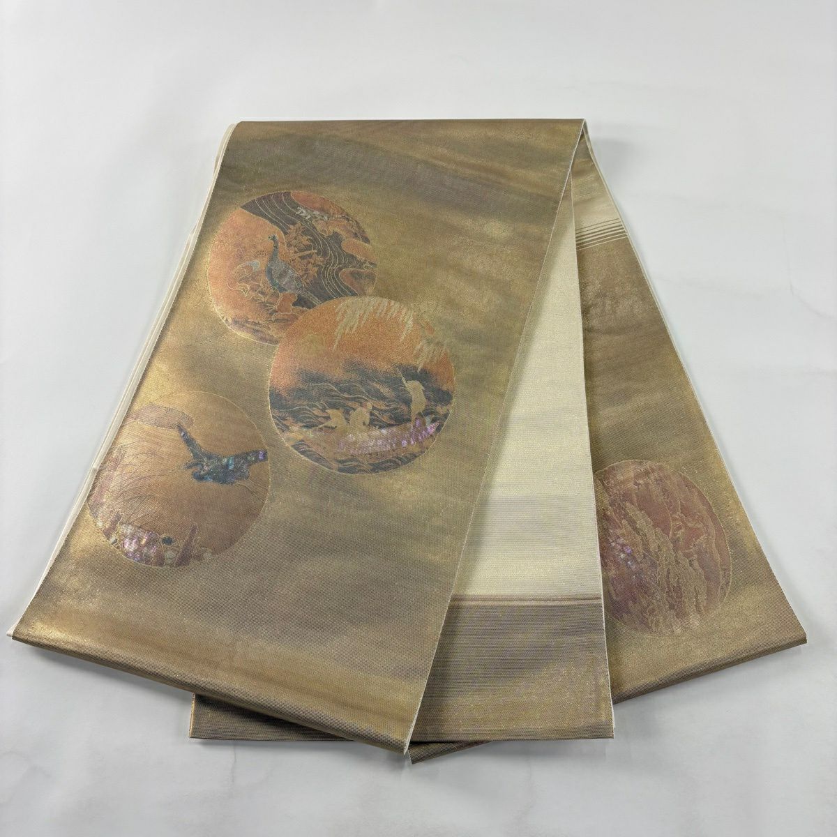 袋帶 秀品級 舟 人物 螺鈿 金金箔 金色 大鼓圖案 純蠶絲