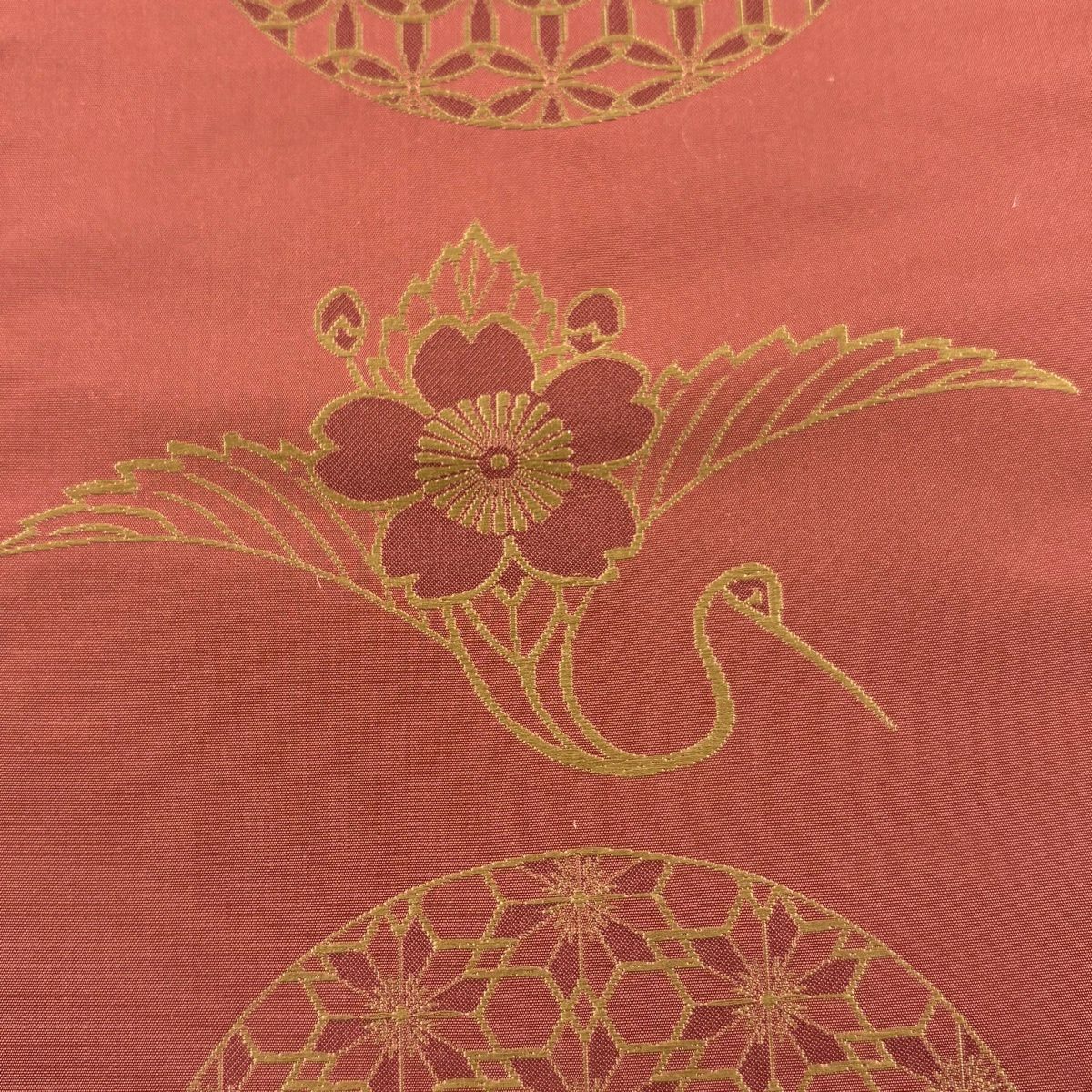 【美品】 袋帶 秀品級 證明書齊全 仙鶴 麻葉 深紅色 六通 純蠶絲