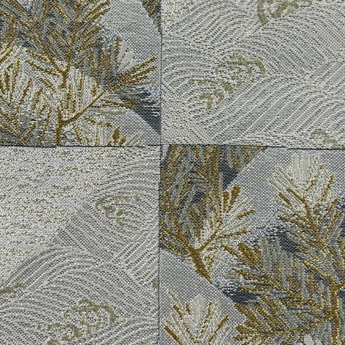 【美品】 袋帶 秀品級 献上色紙市松樹紋 金銀絲 金金箔 銀 六通 純蠶絲