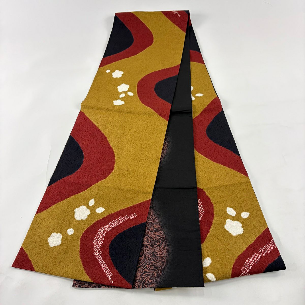 【美品】 袋帶 秀品級 草花紋 流水 絞染 黃土 純蠶絲
