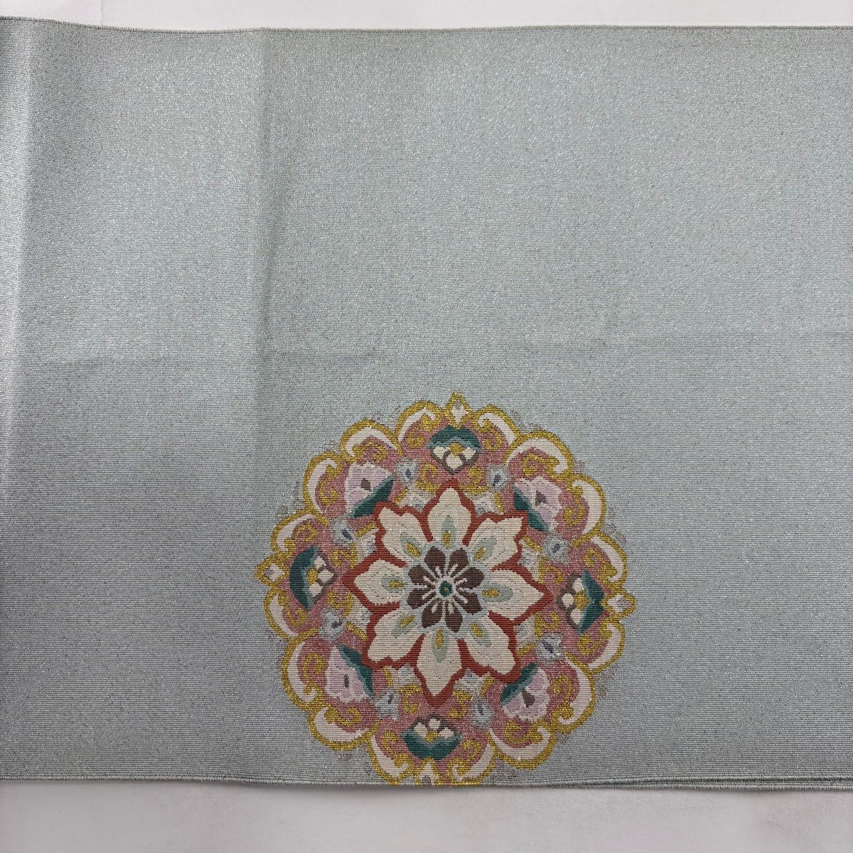 名古屋帶 秀品級 八寸名古屋帶 松樹葉仕立 雜織 華紋 金銀彩 銀通 薄綠 純蠶絲
