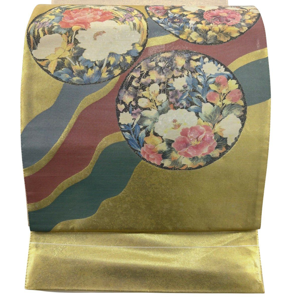 【美品】 袋帶 秀品級 證書齊全 草花紋 圓文 螺鈿金金箔 金色 大鼓圖案 純蠶絲