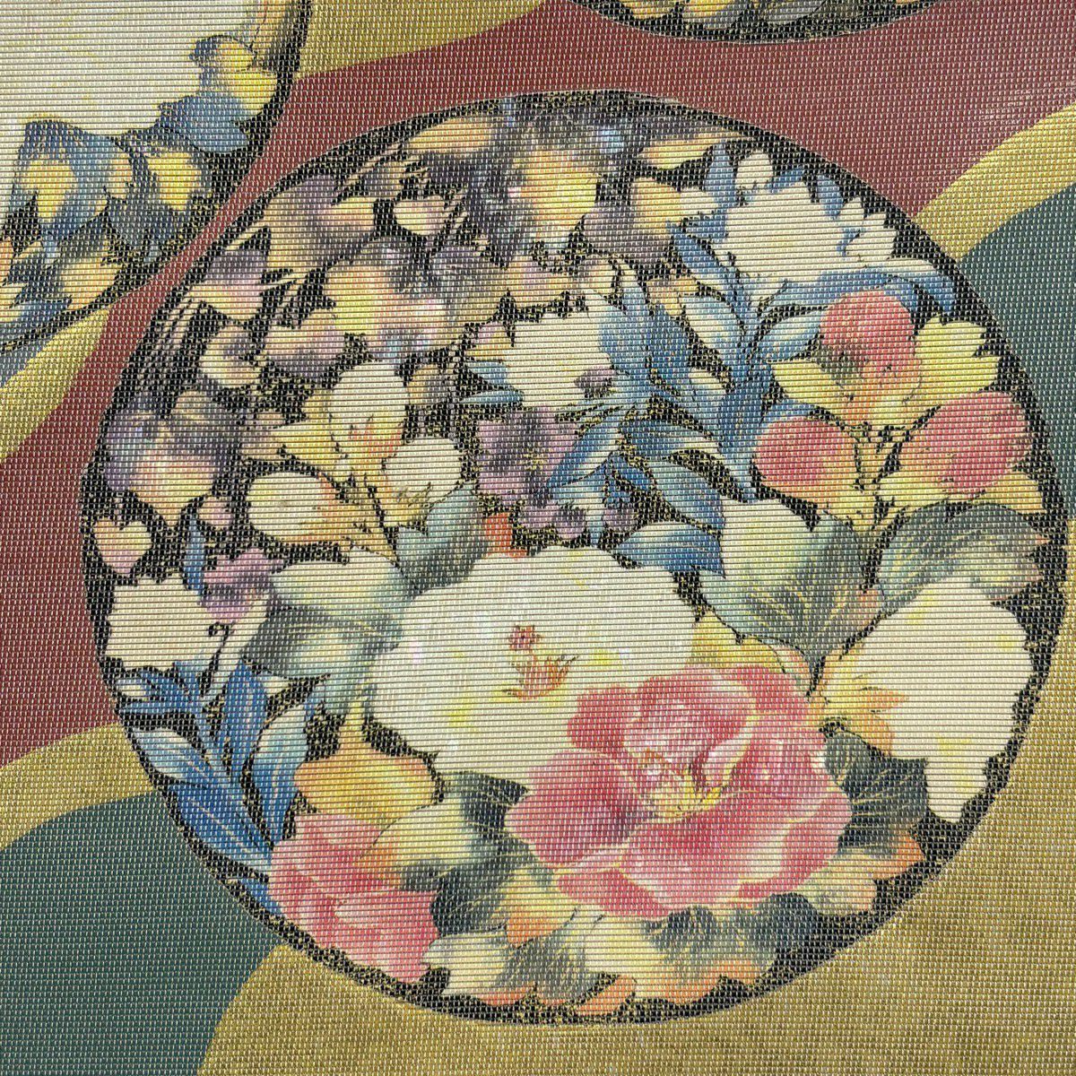 【美品】 袋帶 秀品級 證書齊全 草花紋 圓文 螺鈿金金箔 金色 大鼓圖案 純蠶絲