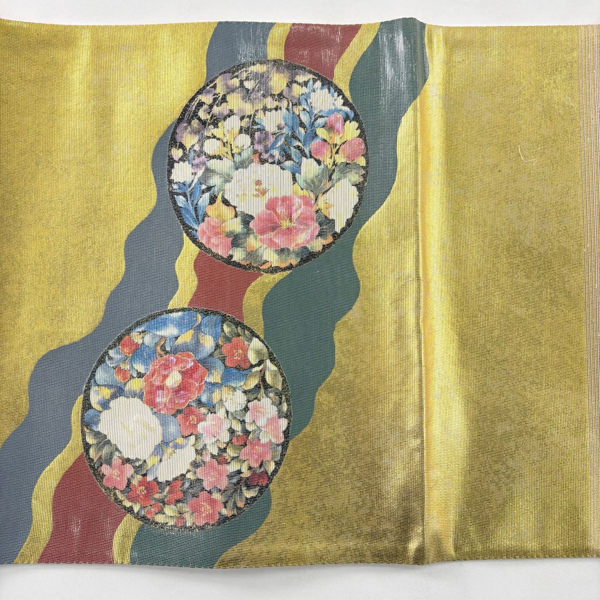 【美品】 袋帶 秀品級 證書齊全 草花紋 圓文 螺鈿金金箔 金色 大鼓圖案 純蠶絲