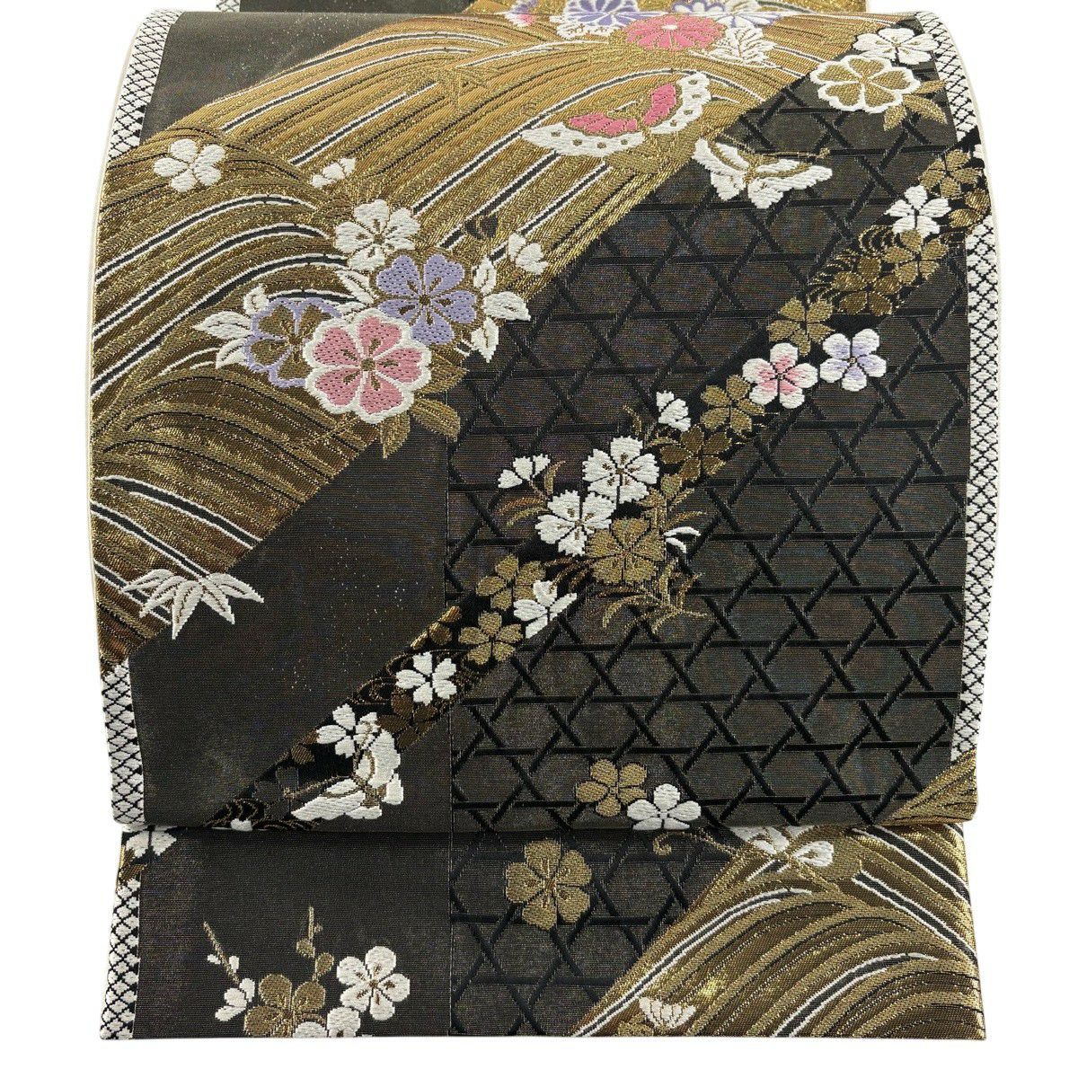 【美品】 袋帶 秀品級 草花紋紋 波紋 金金箔 金絲 黑 六通 純蠶絲
