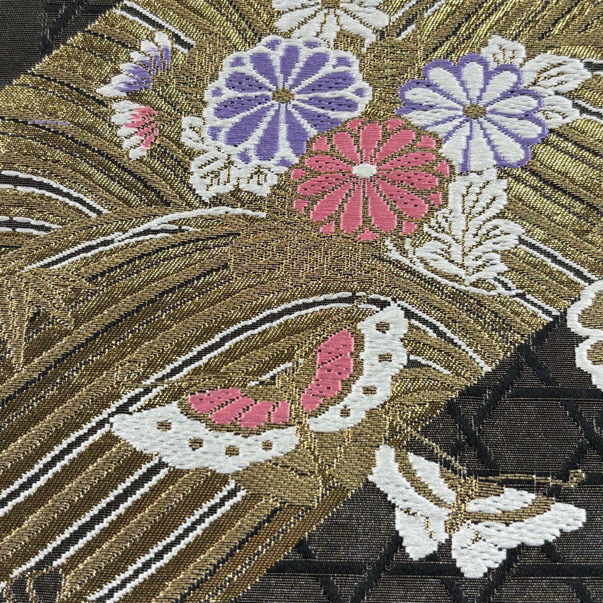 【美品】 袋帶 秀品級 草花紋紋 波紋 金金箔 金絲 黑 六通 純蠶絲