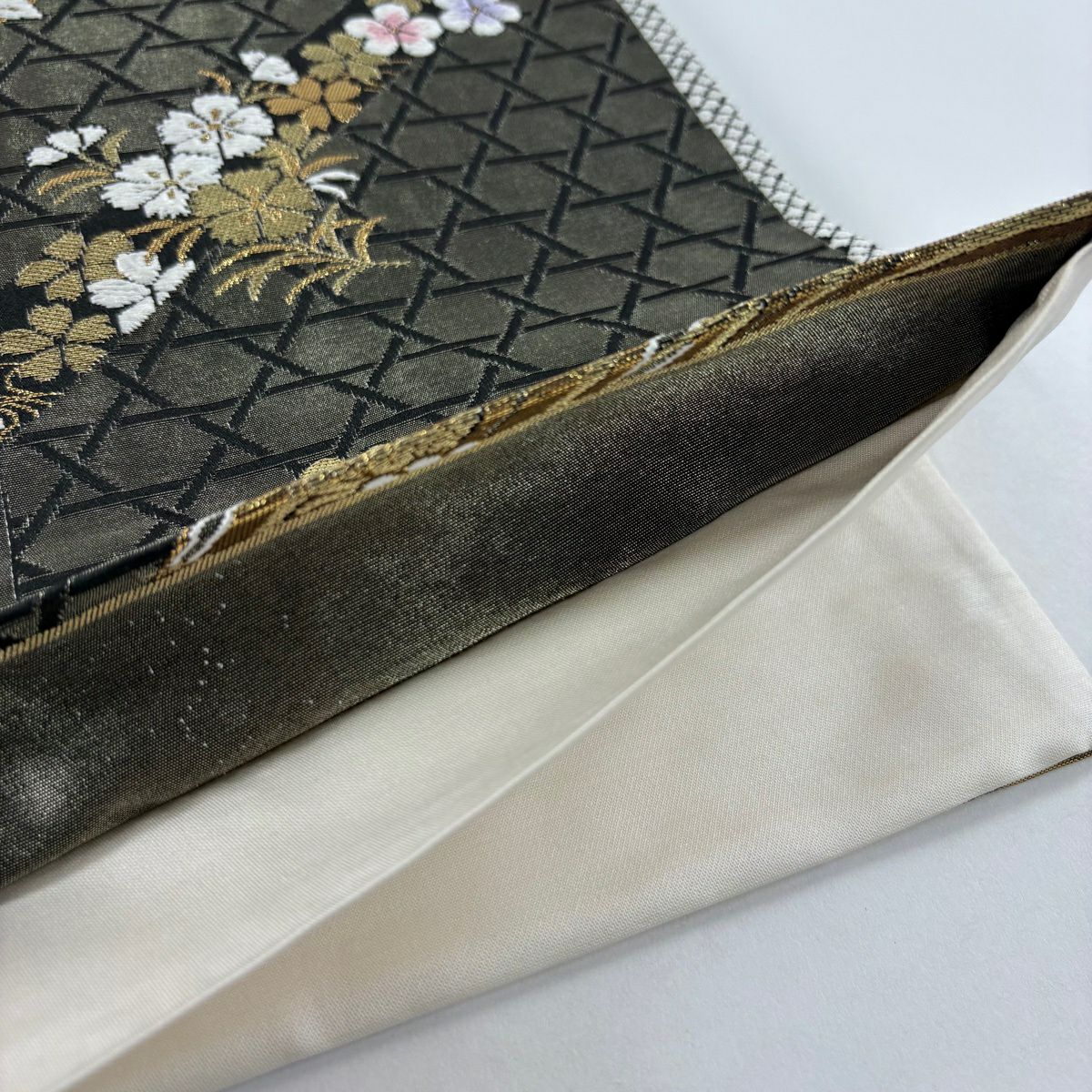【美品】 袋帶 秀品級 草花紋紋 波紋 金金箔 金絲 黑 六通 純蠶絲