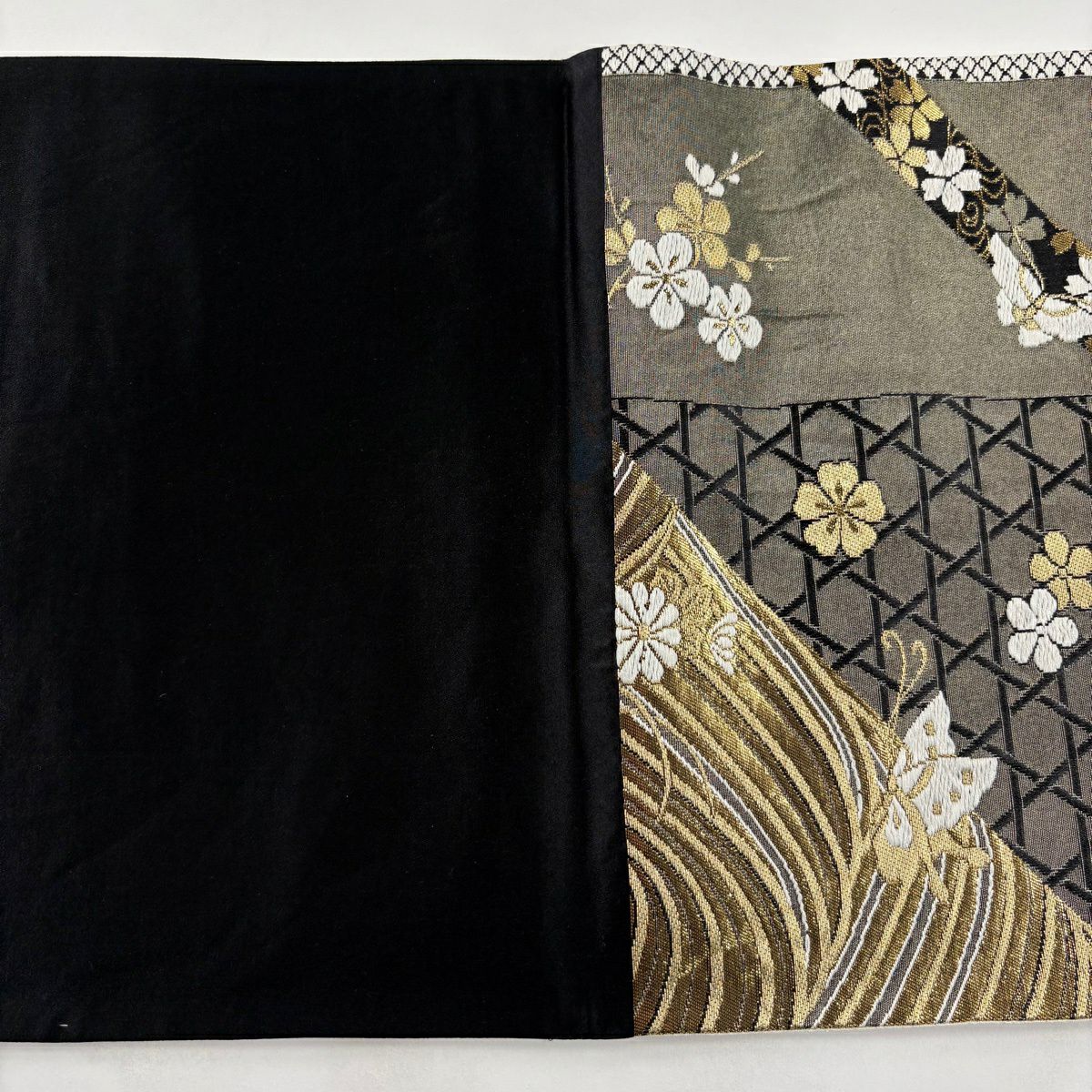【美品】 袋帶 秀品級 草花紋紋 波紋 金金箔 金絲 黑 六通 純蠶絲
