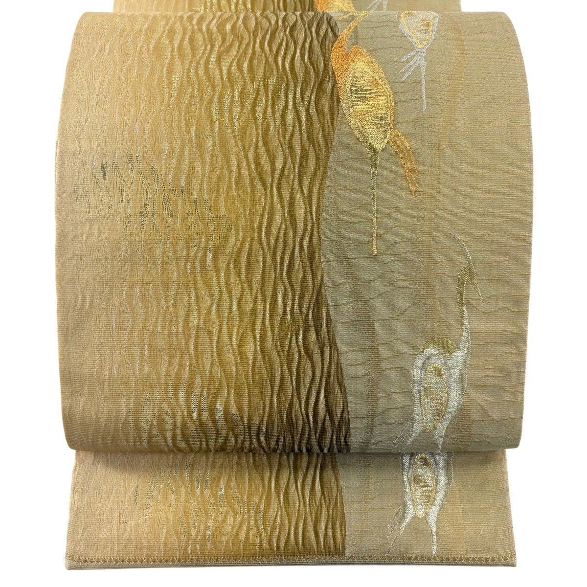 【美品】 袋帶 秀品級 仙鶴 松樹 金絲 金金箔 淺茶 六通 純蠶絲