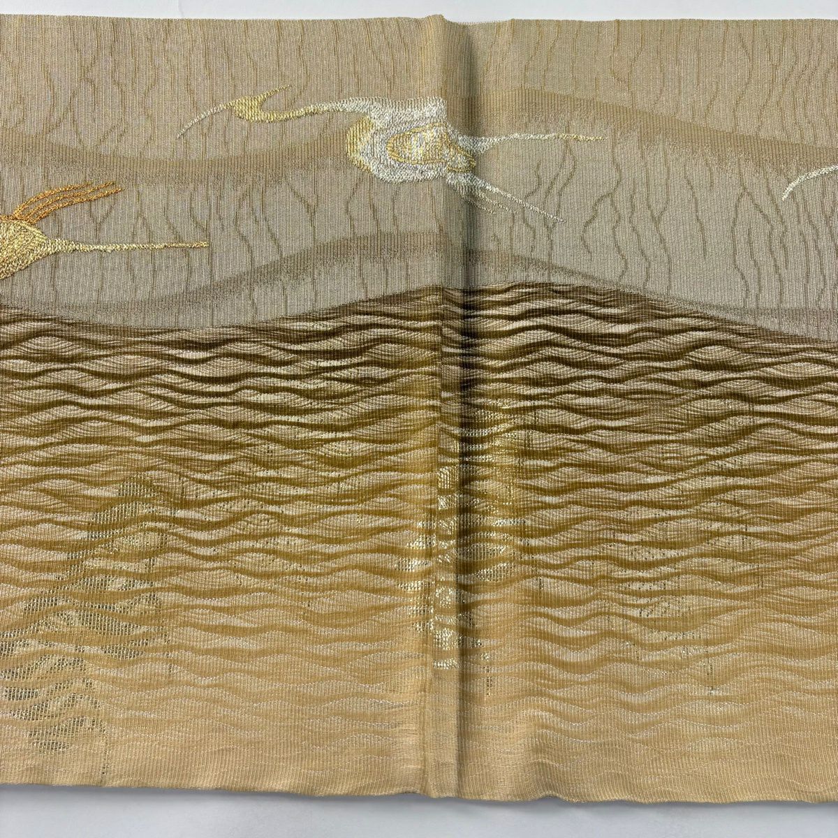 【美品】 袋帶 秀品級 仙鶴 松樹 金絲 金金箔 淺茶 六通 純蠶絲