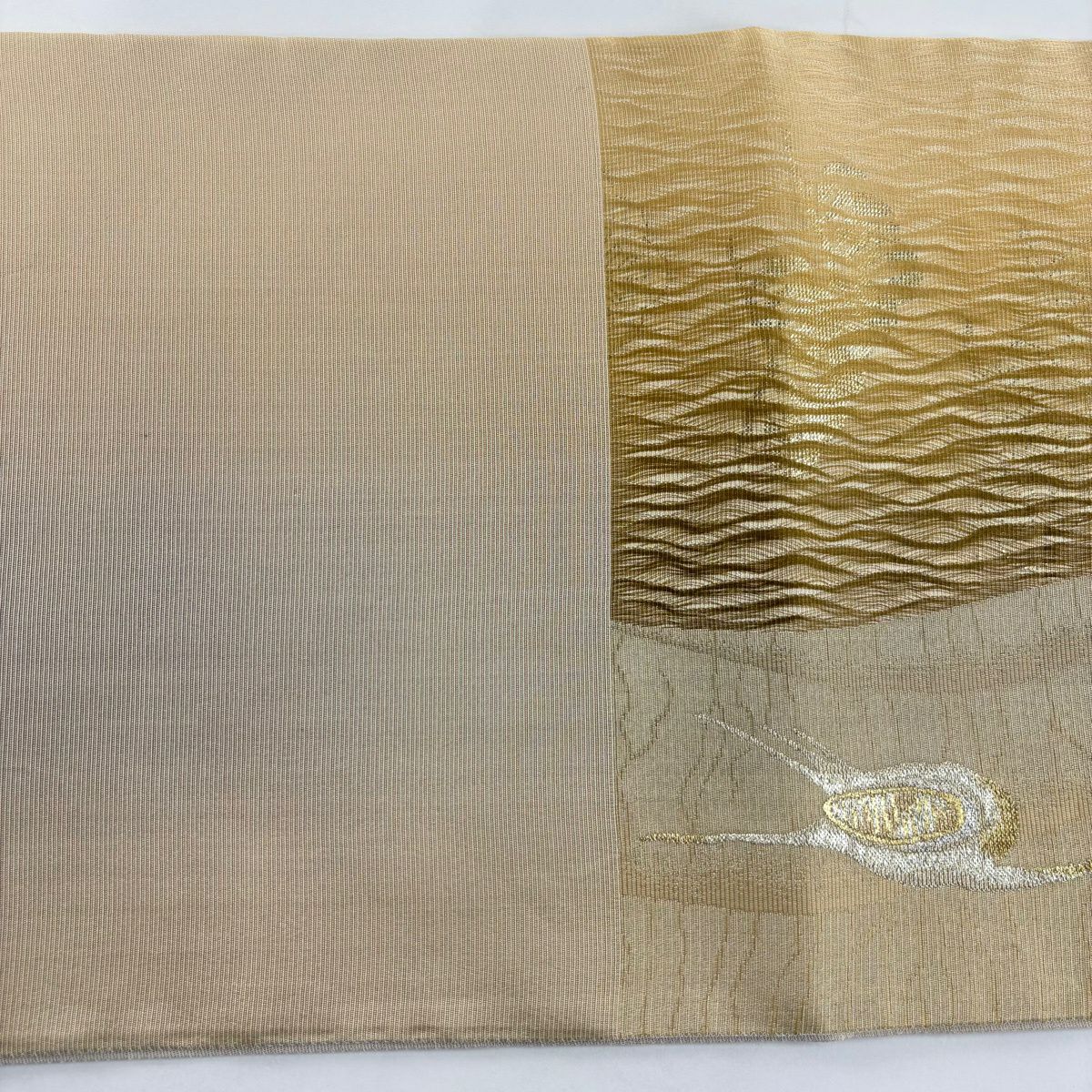 【美品】 袋帶 秀品級 仙鶴 松樹 金絲 金金箔 淺茶 六通 純蠶絲