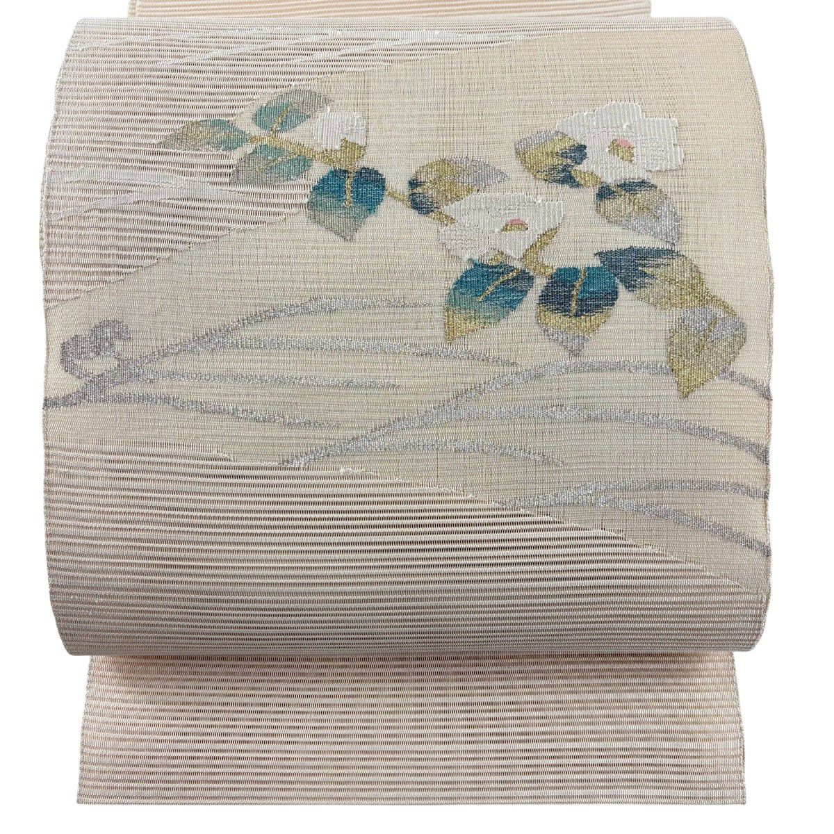 【美品】名古屋帶 優品級 夏帶 絽 八寸名古屋帶 松樹葉仕立 椿 霞 金銀彩 米色 純蠶絲