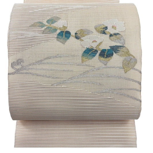 【美品】名古屋帶 優品級 夏帶 絽 八寸名古屋帶 松樹葉仕立 椿 霞 金銀彩 米色 純蠶絲