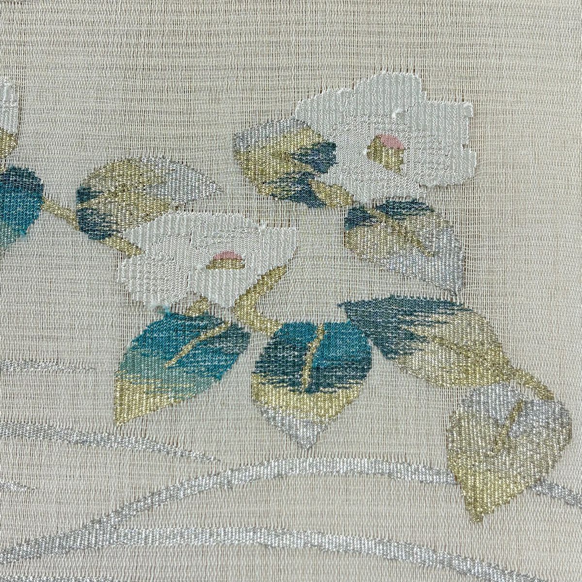 【美品】名古屋帶 優品級 夏帶 絽 八寸名古屋帶 松樹葉仕立 椿 霞 金銀彩 米色 純蠶絲