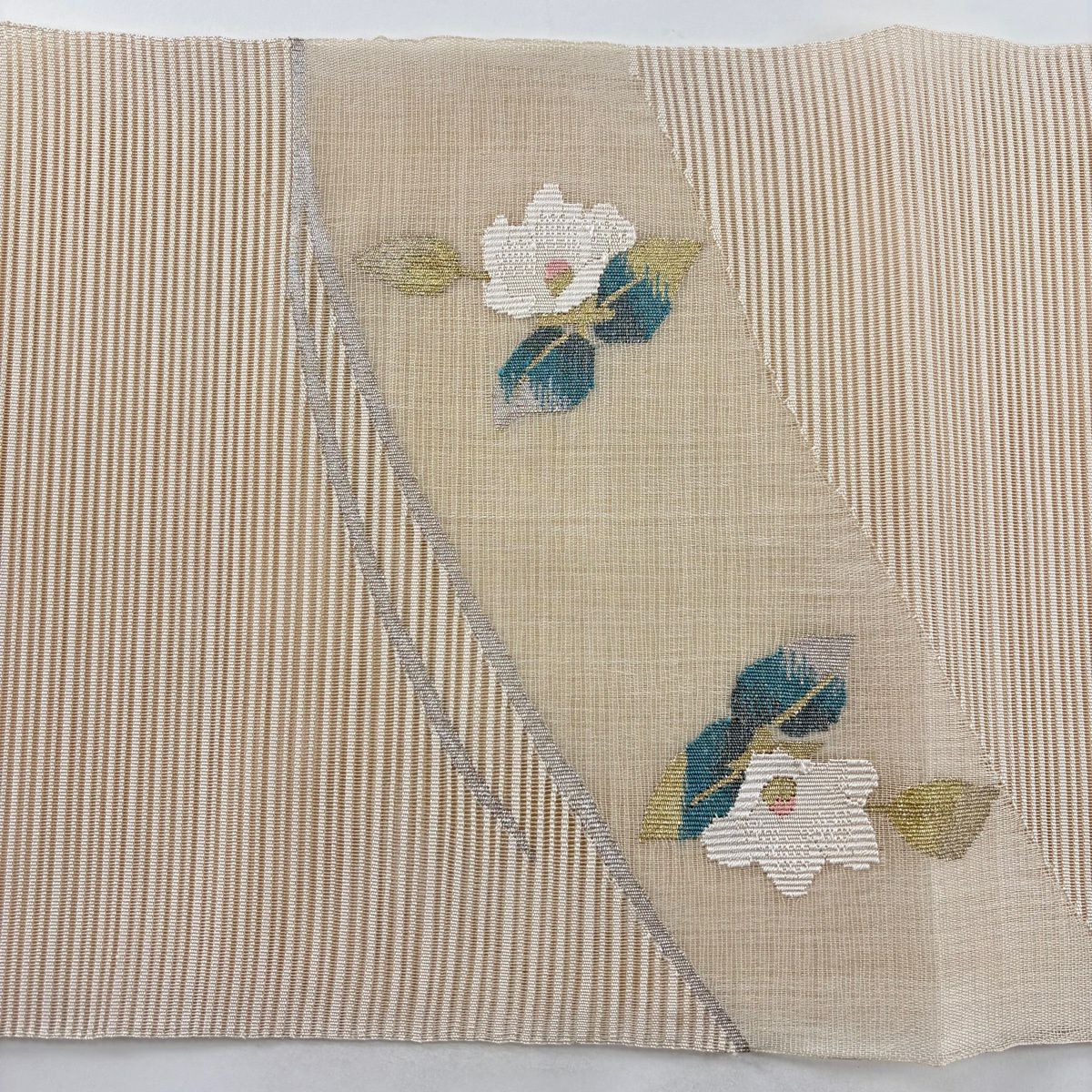 【美品】名古屋帶 優品級 夏帶 絽 八寸名古屋帶 松樹葉仕立 椿 霞 金銀彩 米色 純蠶絲