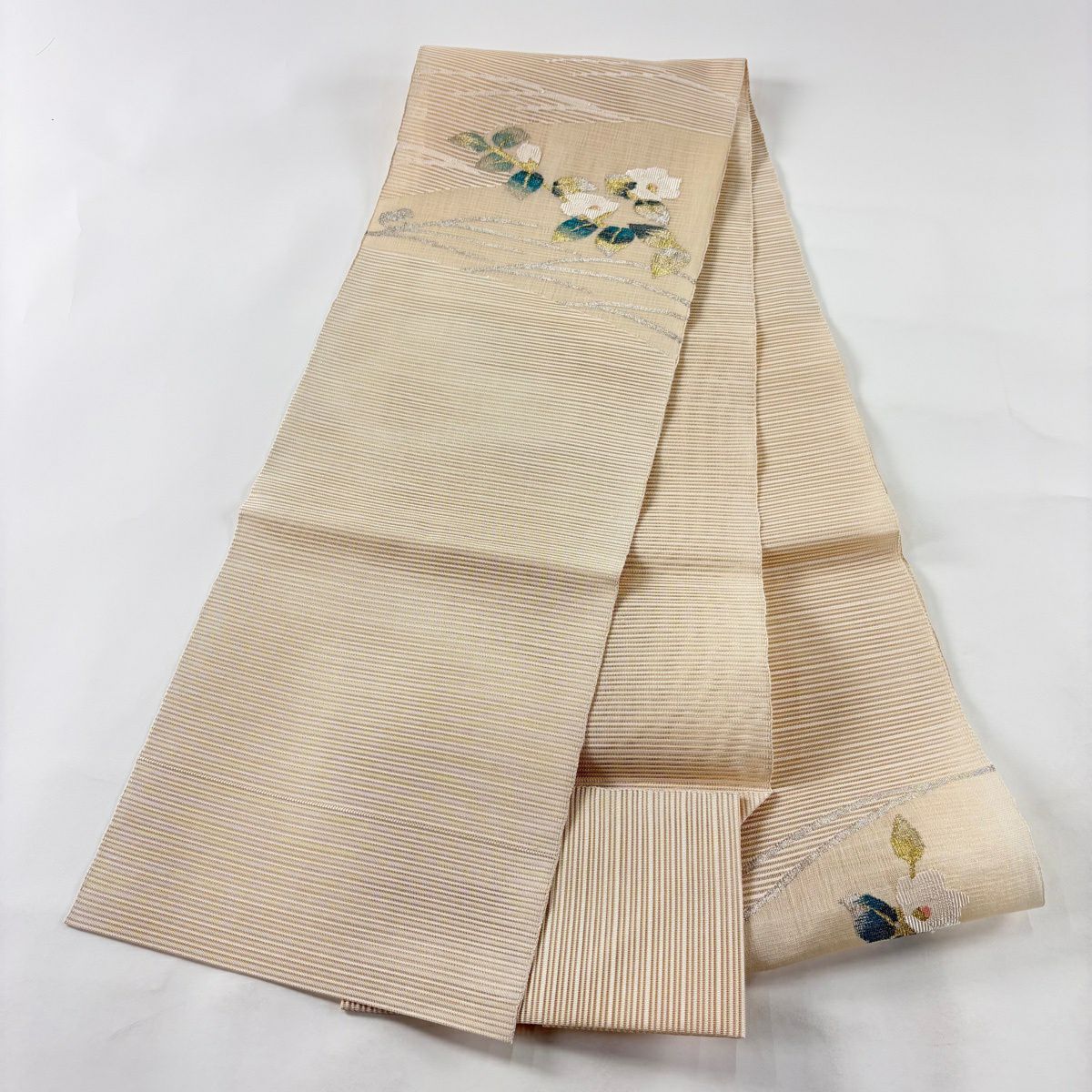 【美品】名古屋帶 優品級 夏帶 絽 八寸名古屋帶 松樹葉仕立 椿 霞 金銀彩 米色 純蠶絲