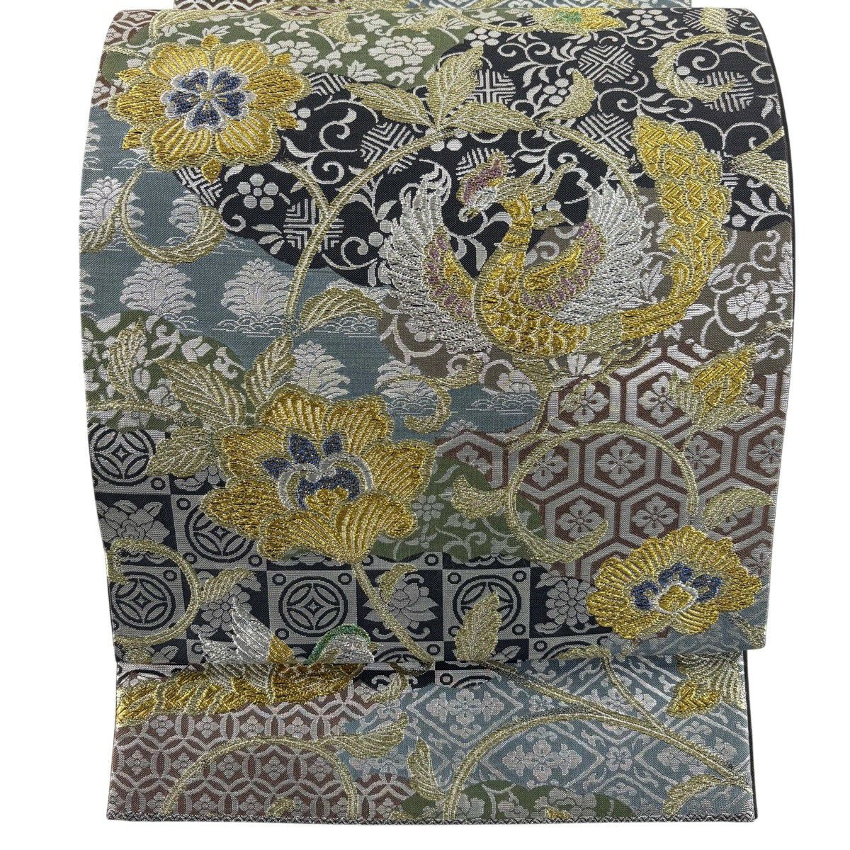 【美品】 袋帶 秀品級 關西仕立 紹唐 鳳凰 花唐草紋 金銀彩 金金箔 灰綠 六通 純蠶絲