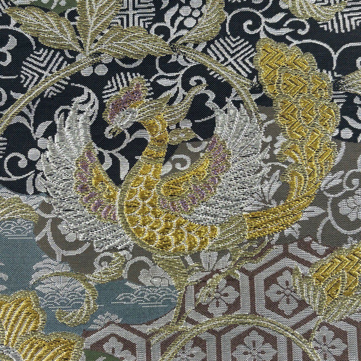 【美品】 袋帶 秀品級 關西仕立 紹唐 鳳凰 花唐草紋 金銀彩 金金箔 灰綠 六通 純蠶絲