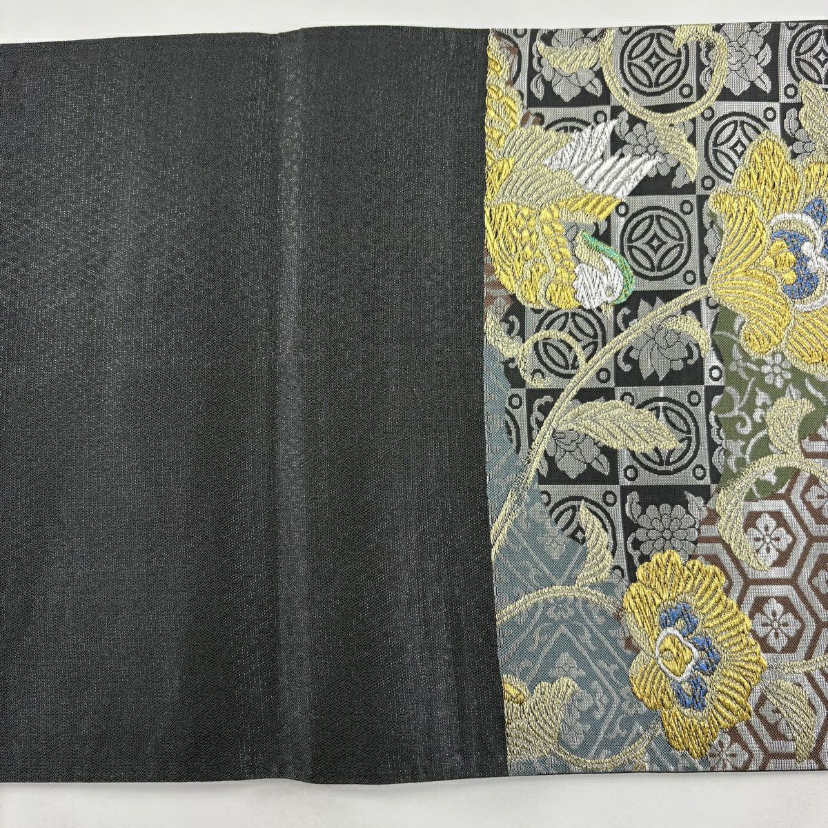 【美品】 袋帶 秀品級 關西仕立 紹唐 鳳凰 花唐草紋 金銀彩 金金箔 灰綠 六通 純蠶絲