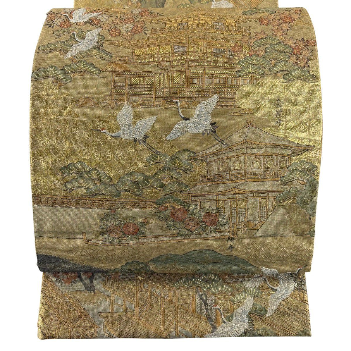 【美品】 袋帶 秀品級 鹿苑寺金閣 別腹 仙鶴 金閣寺 金金箔 金絲 金色 全通 純蠶絲