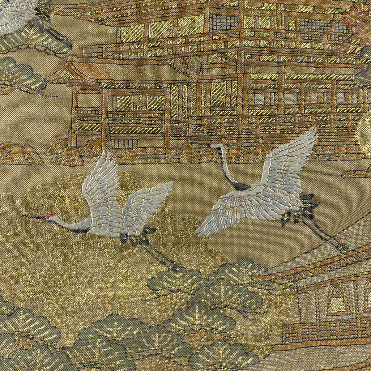 【美品】 袋帶 秀品級 鹿苑寺金閣 別腹 仙鶴 金閣寺 金金箔 金絲 金色 全通 純蠶絲