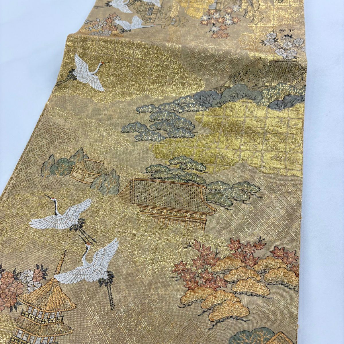 【美品】 袋帶 秀品級 鹿苑寺金閣 別腹 仙鶴 金閣寺 金金箔 金絲 金色 全通 純蠶絲