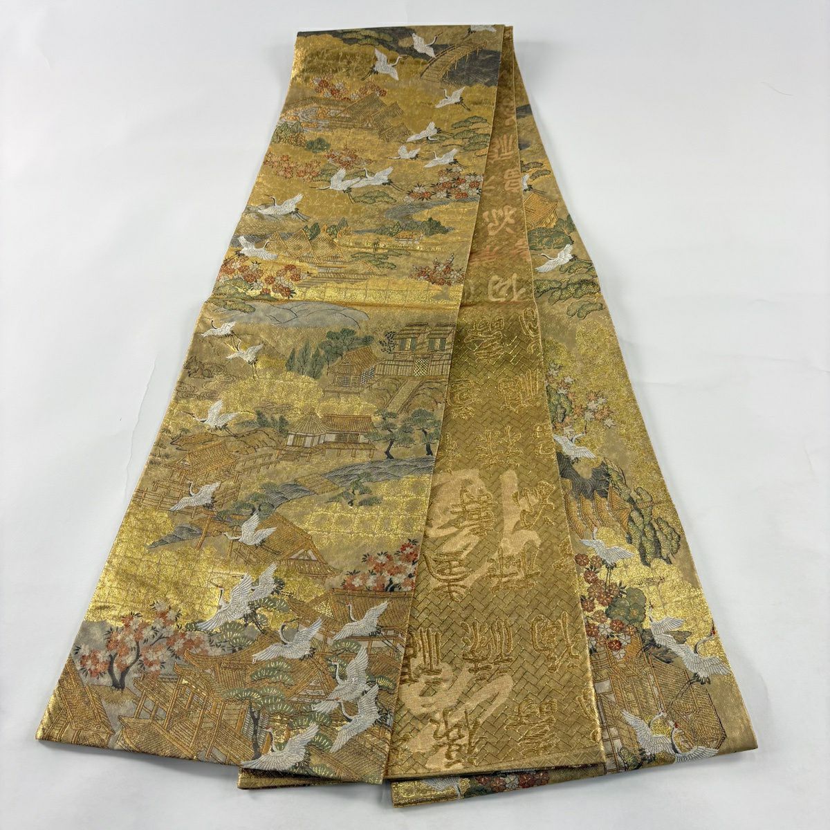 【美品】 袋帶 秀品級 鹿苑寺金閣 別腹 仙鶴 金閣寺 金金箔 金絲 金色 全通 純蠶絲