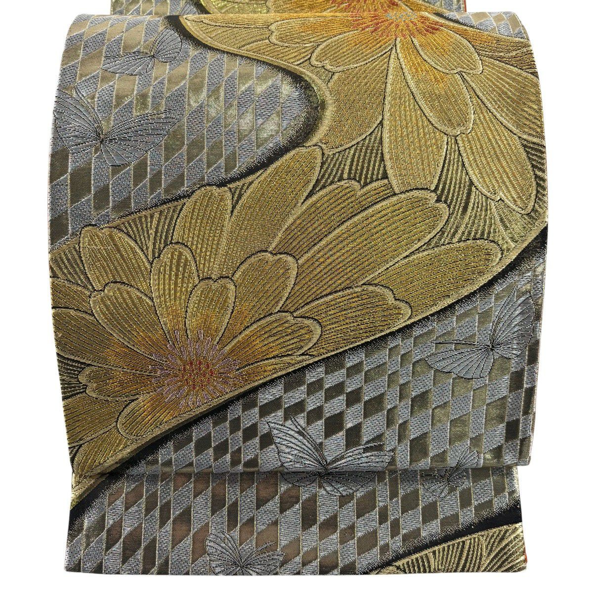 【美品】 袋帶 秀品級 菊花 蝶 金銀彩 金金箔 金色 六通 純蠶絲