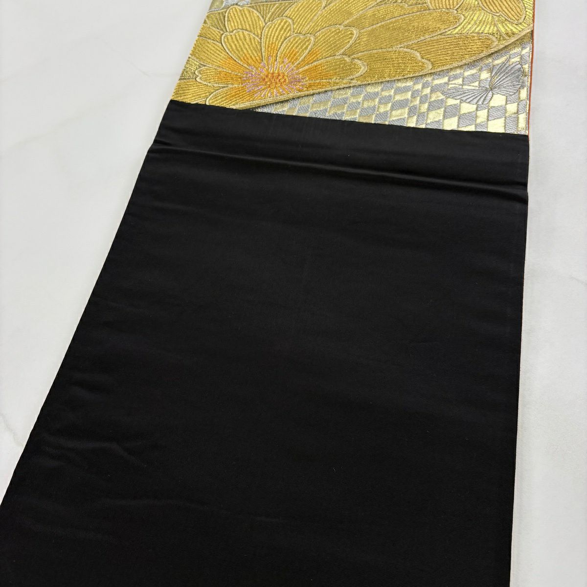 【美品】 袋帶 秀品級 菊花 蝶 金銀彩 金金箔 金色 六通 純蠶絲