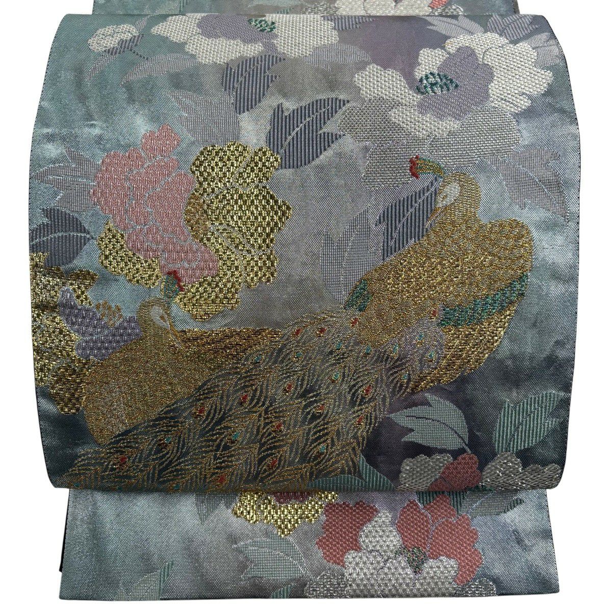 【美品】 袋帶 秀品級 孔雀 草花紋 金金箔 金銀彩 灰綠 六通 純蠶絲