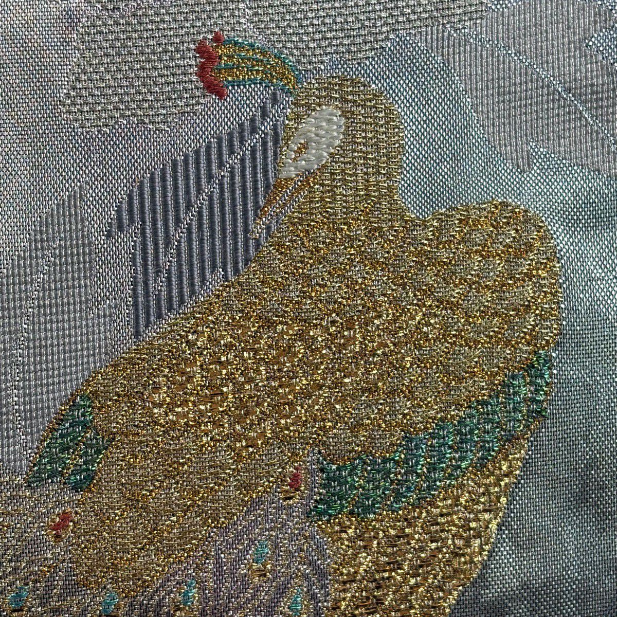 【美品】 袋帶 秀品級 孔雀 草花紋 金金箔 金銀彩 灰綠 六通 純蠶絲