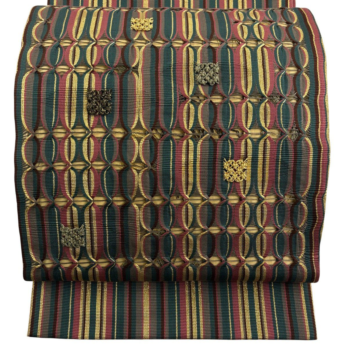 【美品】 袋帶 秀品級 幾何圖案 條紋 金絲 綠色 大鼓圖案 純蠶絲