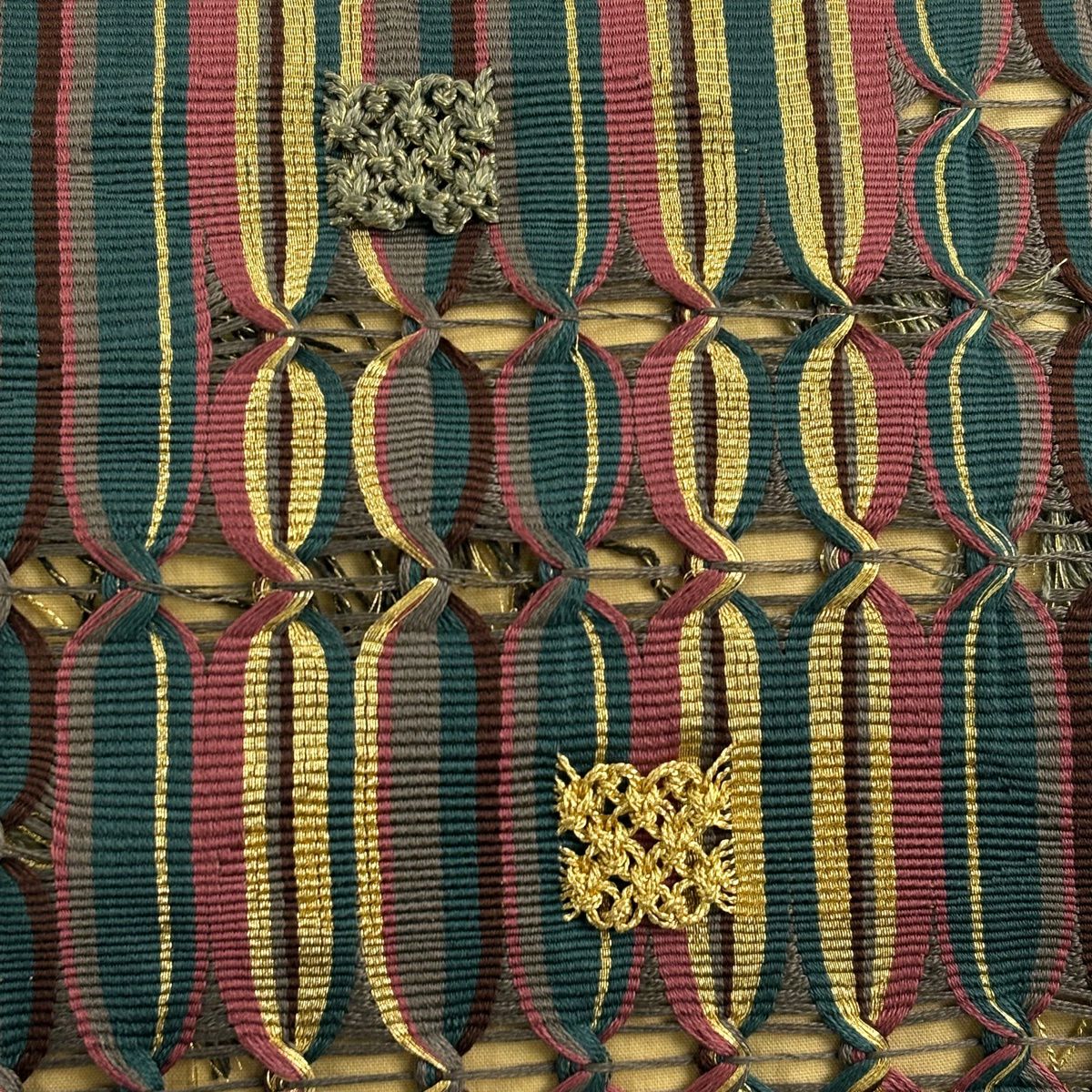 【美品】 袋帶 秀品級 幾何圖案 條紋 金絲 綠色 大鼓圖案 純蠶絲