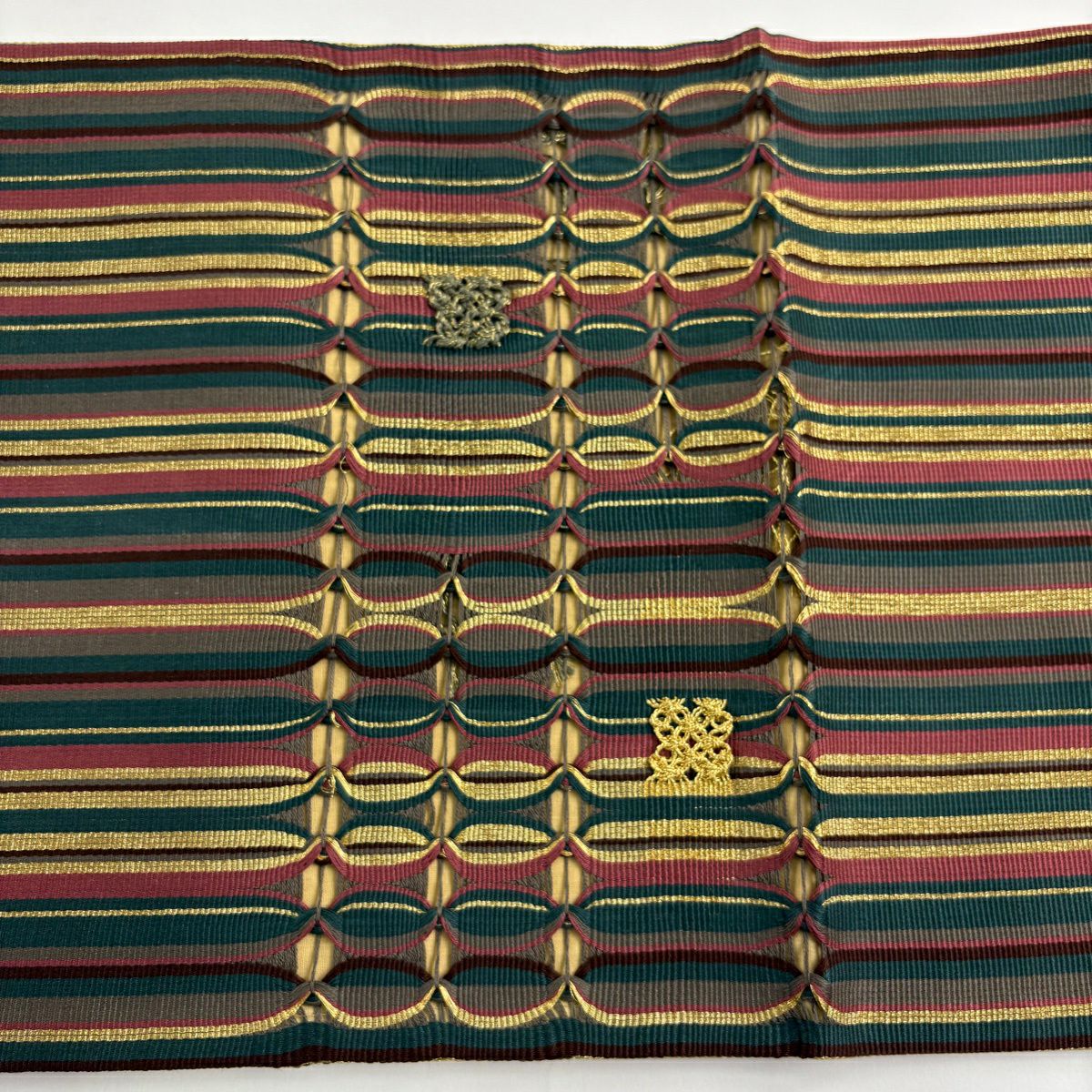 【美品】 袋帶 秀品級 幾何圖案 條紋 金絲 綠色 大鼓圖案 純蠶絲