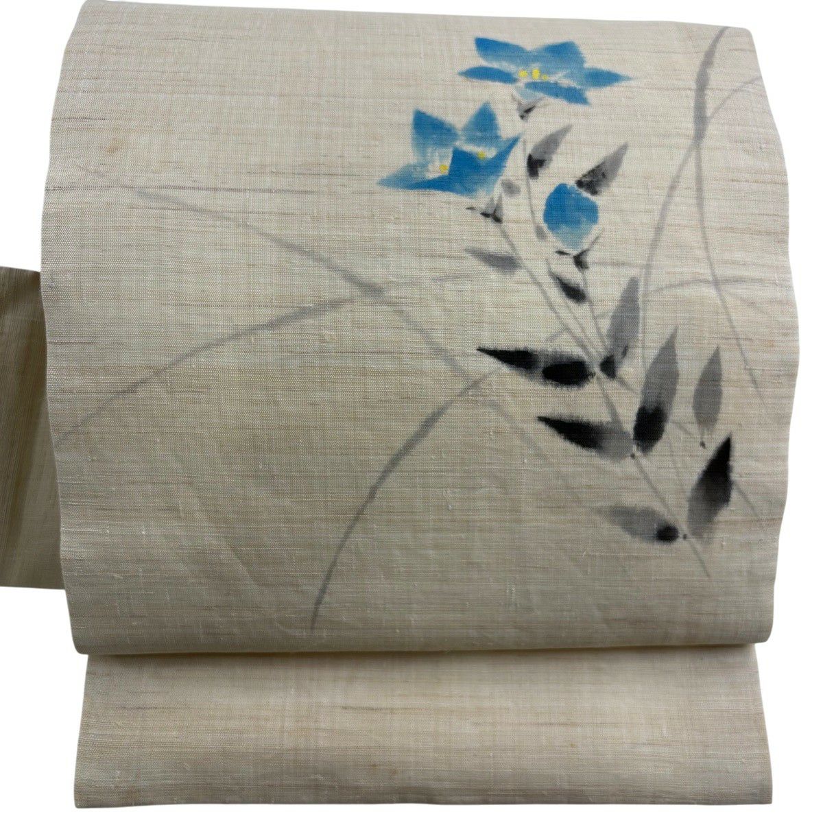 名古屋帶 秀品級 帶有落款 夏帶 紬織織地 桔梗色 奶油色 麻素材