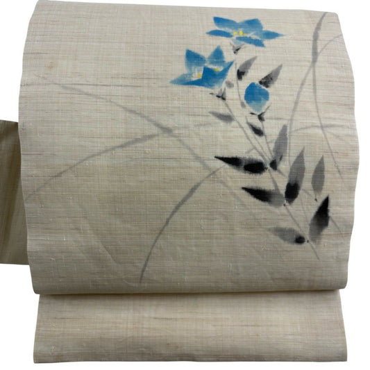 名古屋帶 秀品級 帶有落款 夏帶 紬織織地 桔梗色 奶油色 麻素材