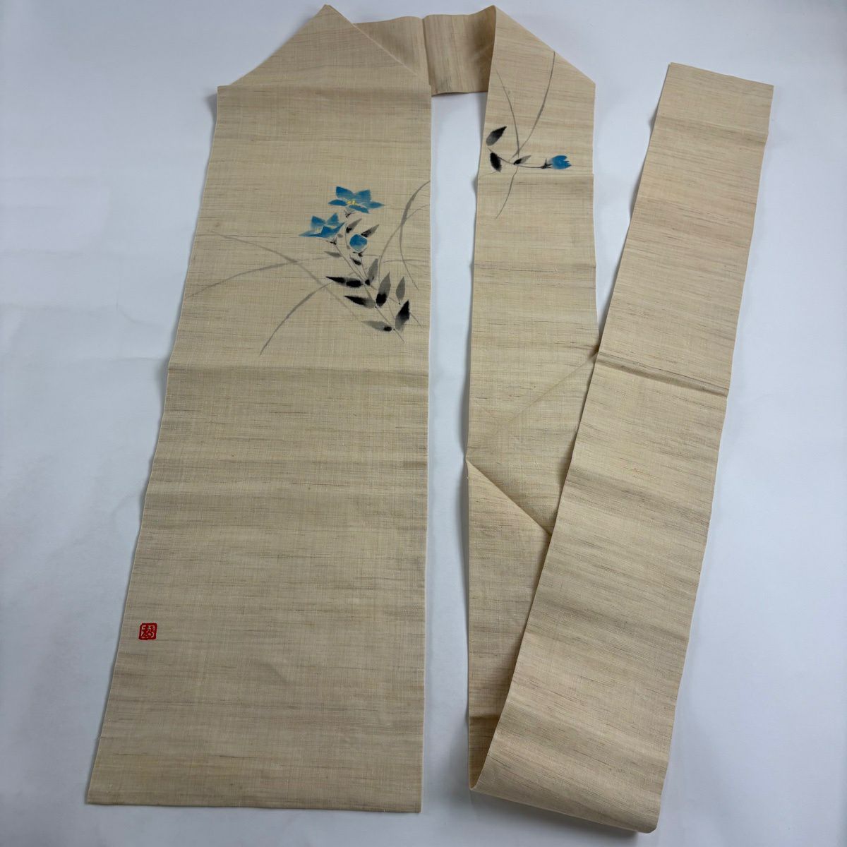 名古屋帶 秀品級 帶有落款 夏帶 紬織織地 桔梗色 奶油色 麻素材