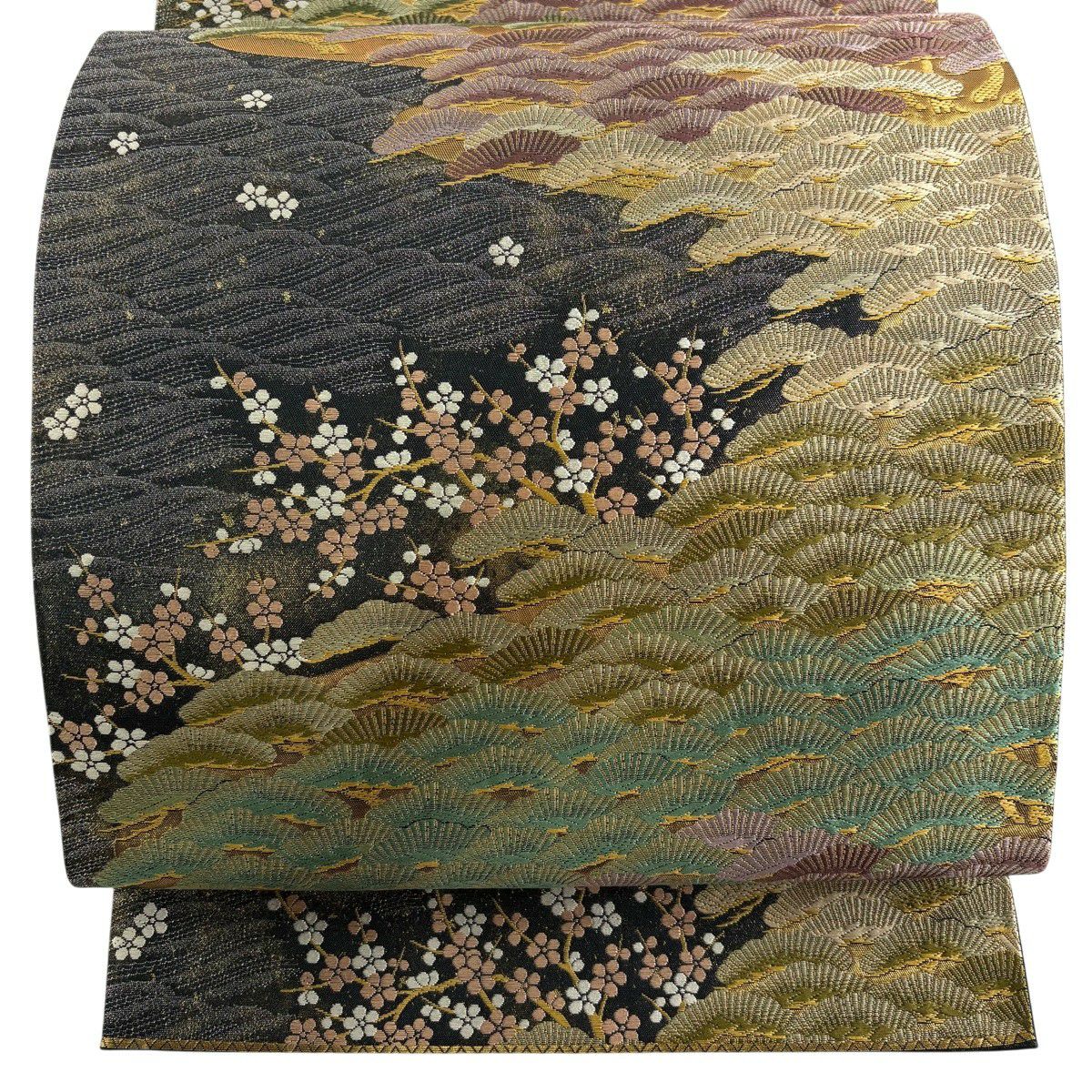 【美品】 袋帶 秀品級 松樹梅花 波 金金箔 黑灰 六通 純蠶絲