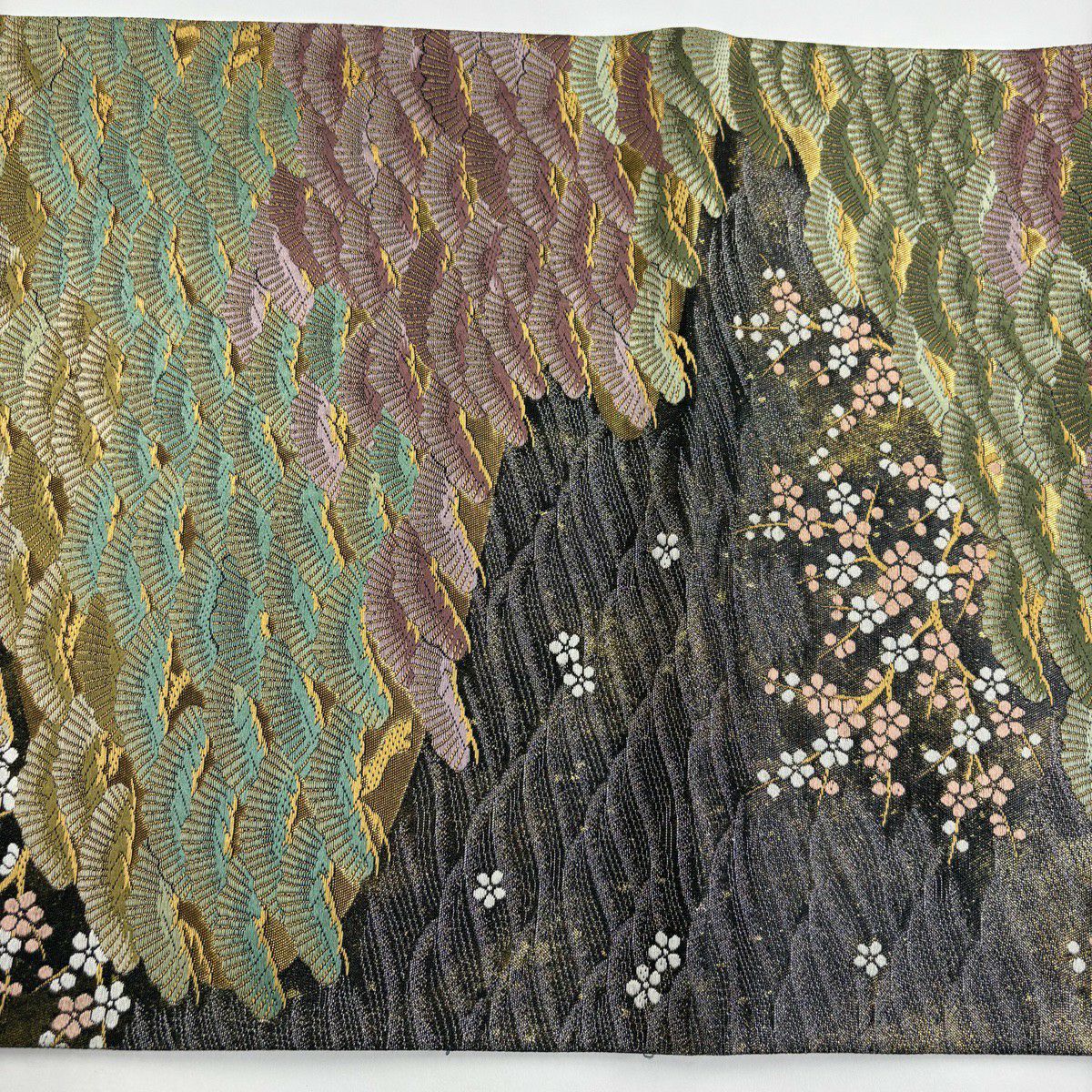 【美品】 袋帶 秀品級 松樹梅花 波 金金箔 黑灰 六通 純蠶絲