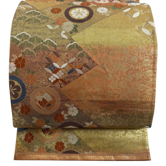 袋帶 秀品級 關西仕立 吉兆檜垣紋 金金箔 金絲 金 六通 純蠶絲