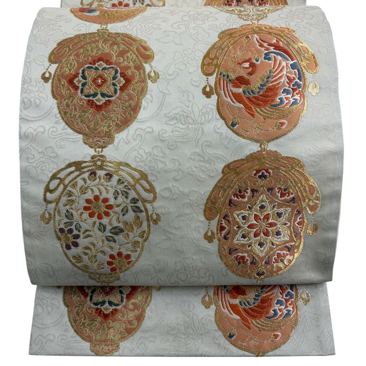 【美品】 袋帶 秀品級 華紋 花鳥 金絲 金金箔 灰白 六通 純蠶絲