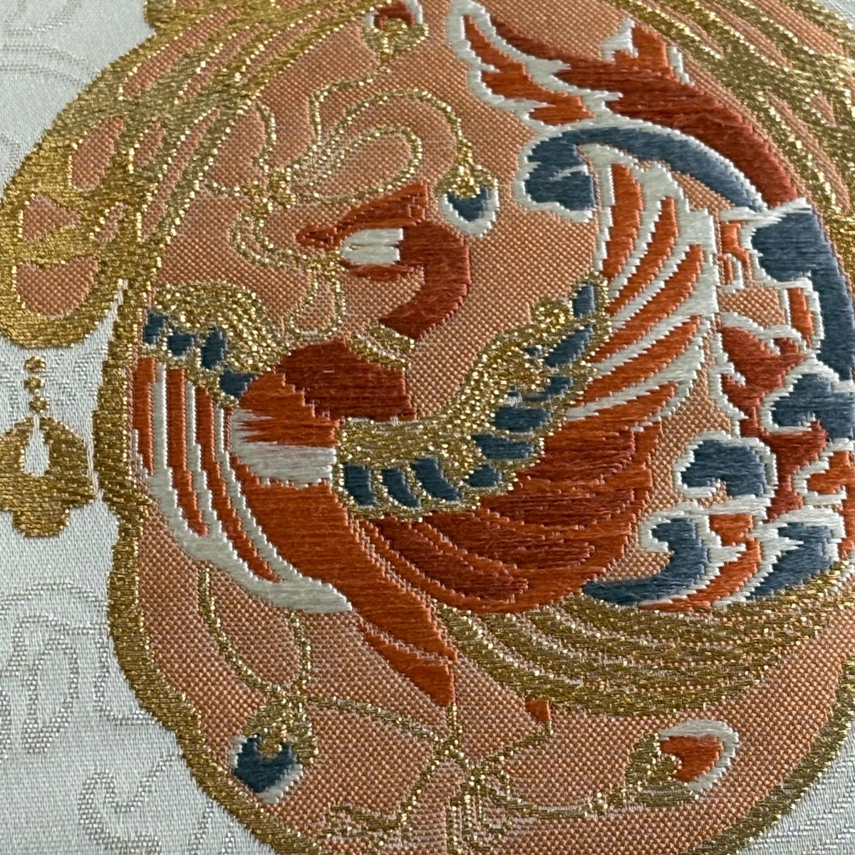 【美品】 袋帶 秀品級 華紋 花鳥 金絲 金金箔 灰白 六通 純蠶絲