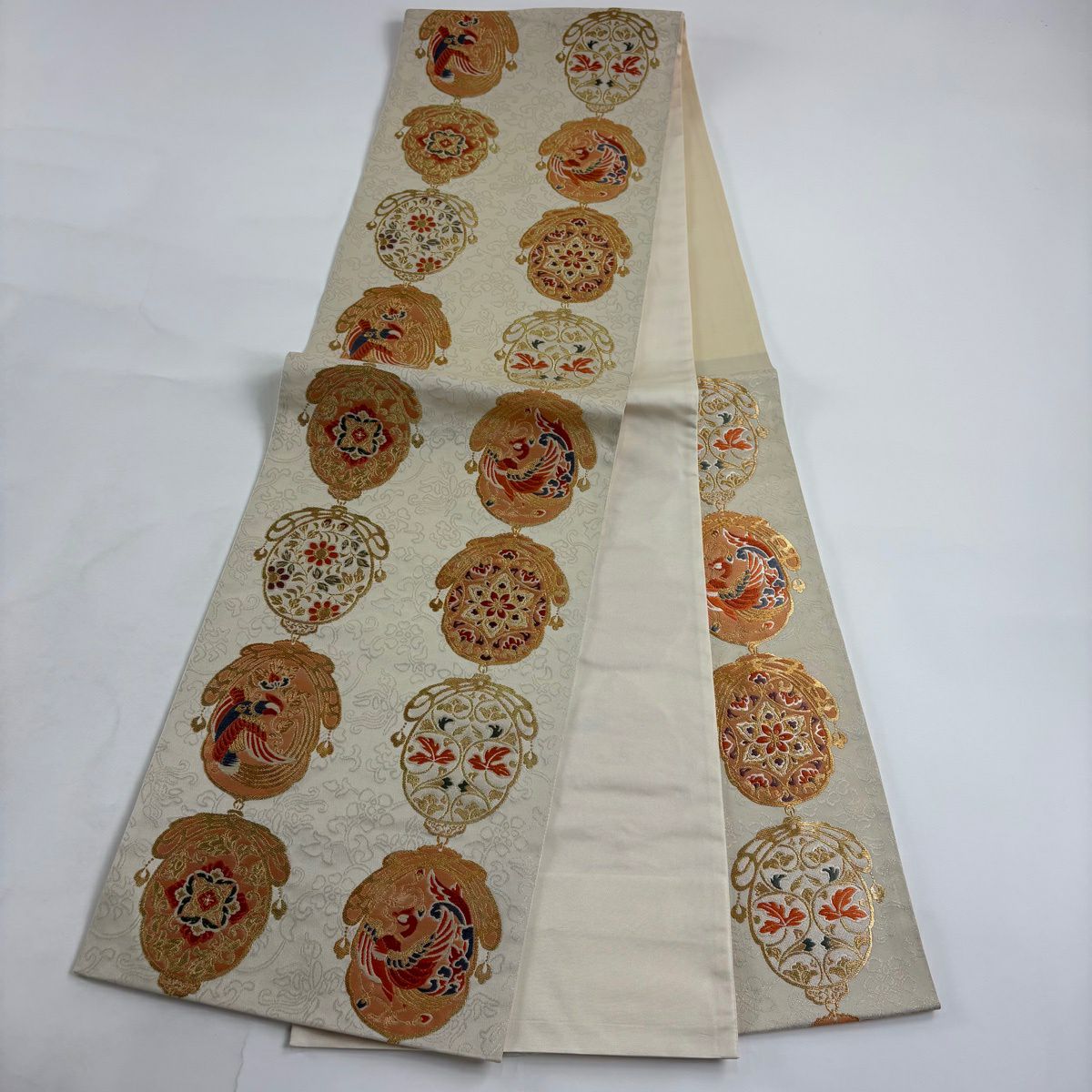 【美品】 袋帶 秀品級 華紋 花鳥 金絲 金金箔 灰白 六通 純蠶絲