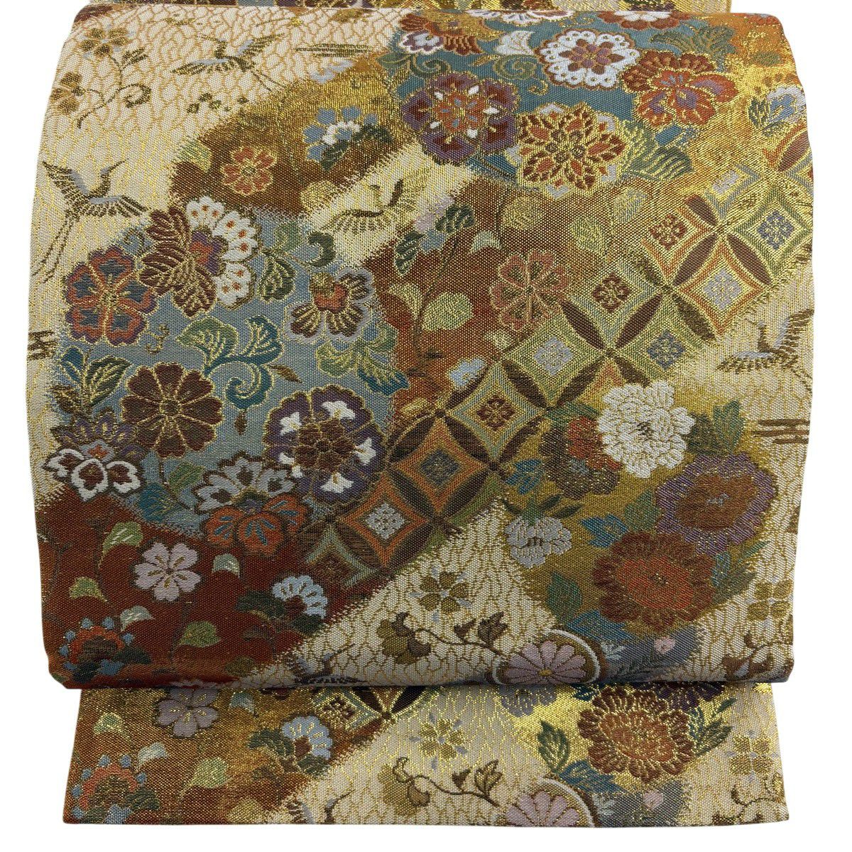 【美品】 袋帶 秀品級 花丸紋 七寶 金絲 金金箔 金色 六通 純蠶絲