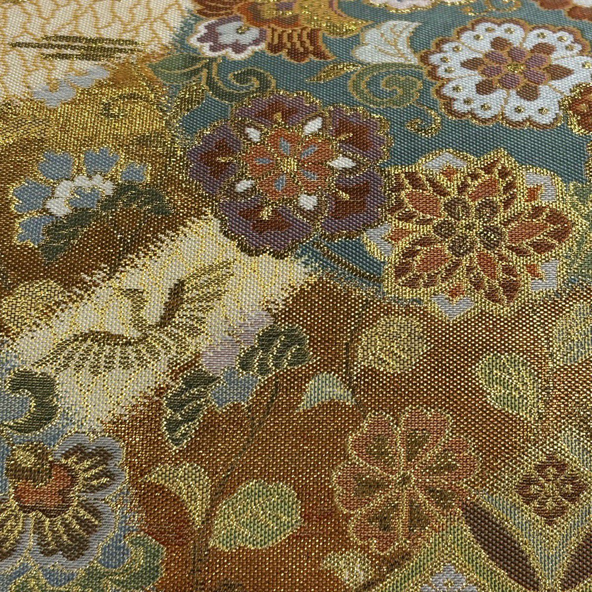 【美品】 袋帶 秀品級 花丸紋 七寶 金絲 金金箔 金色 六通 純蠶絲