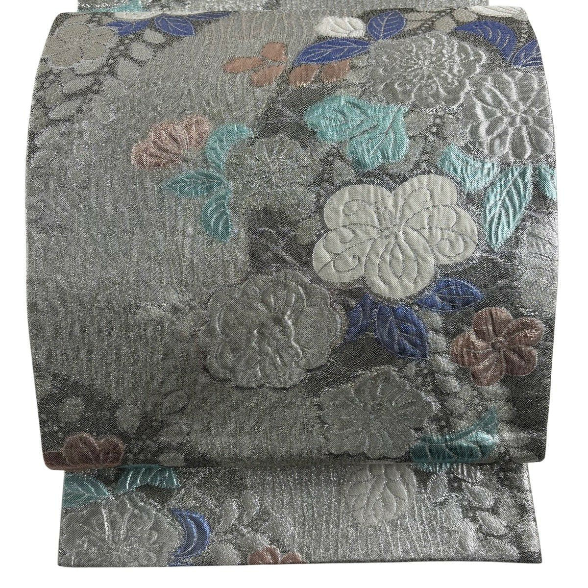 【美品】 袋帶 秀品級 草花紋紋 金金箔 銀線 銀色 六通 純蠶絲