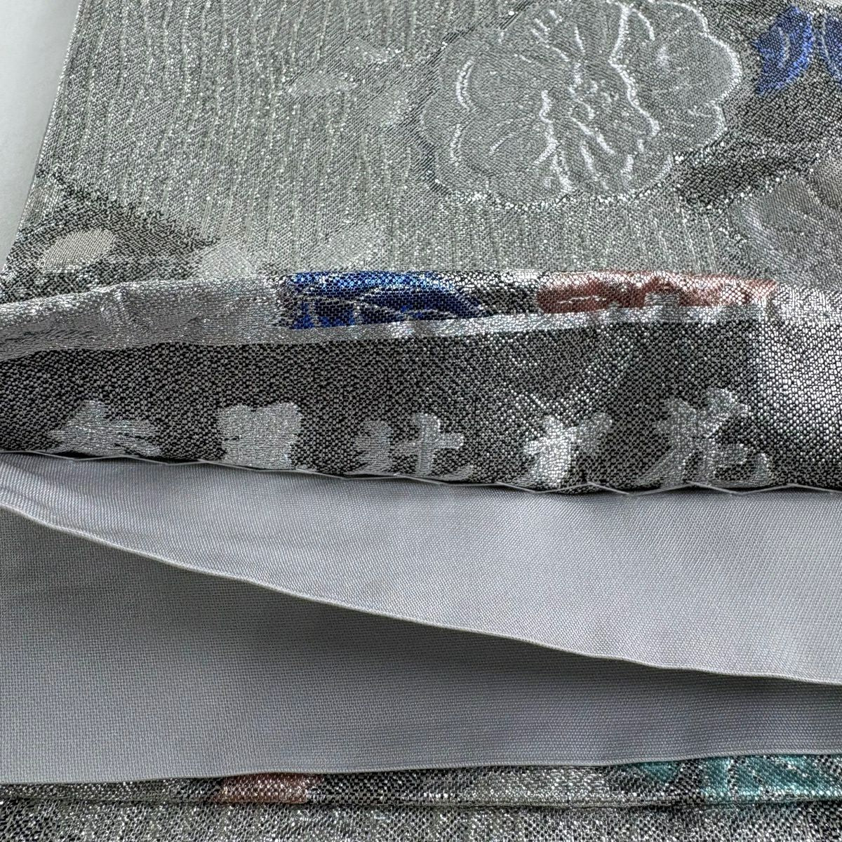 【美品】 袋帶 秀品級 草花紋紋 金金箔 銀線 銀色 六通 純蠶絲
